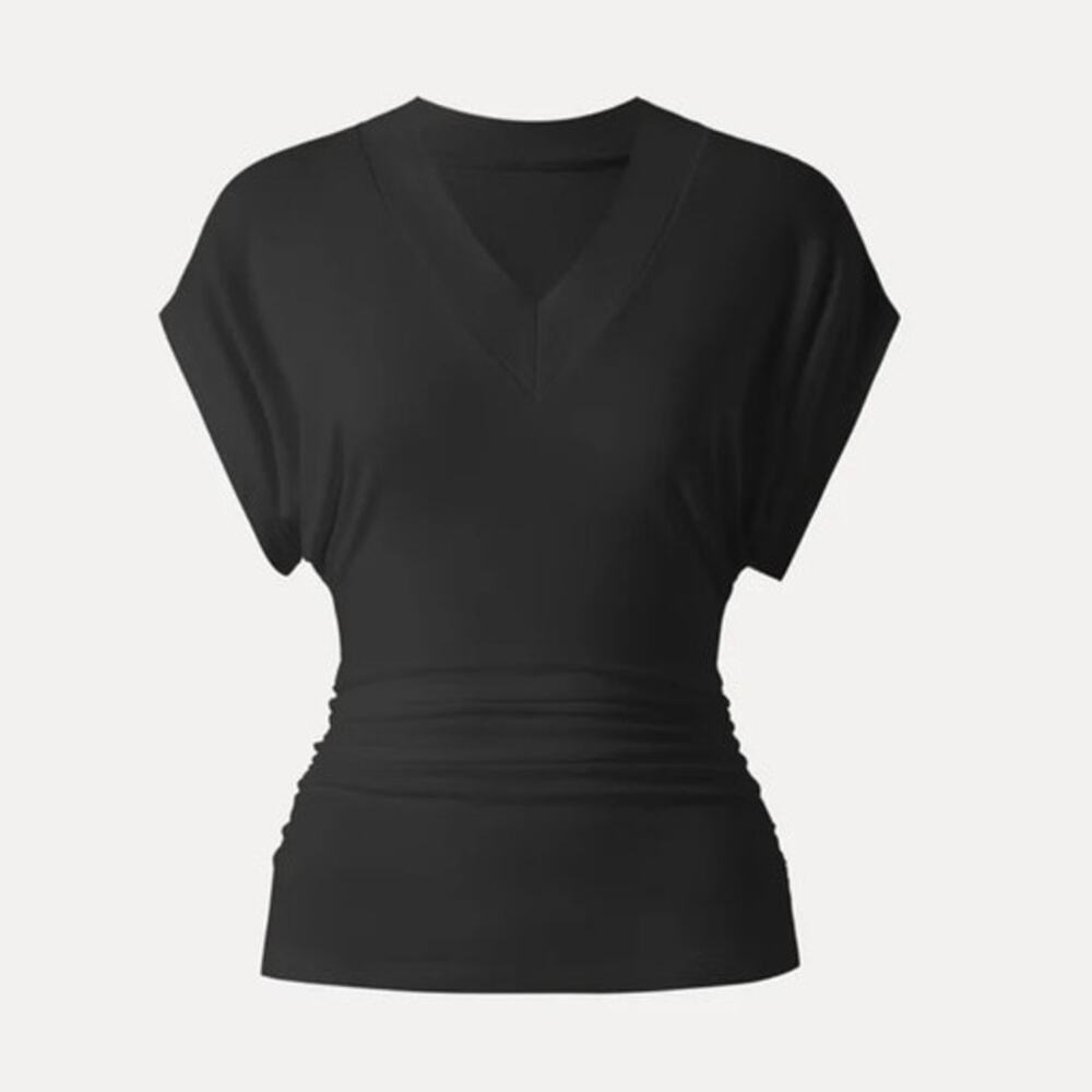 OGL Top Size XL NEW LiteWarm Semi-sheer Lyocell Cashmere V-neck Ruched Black